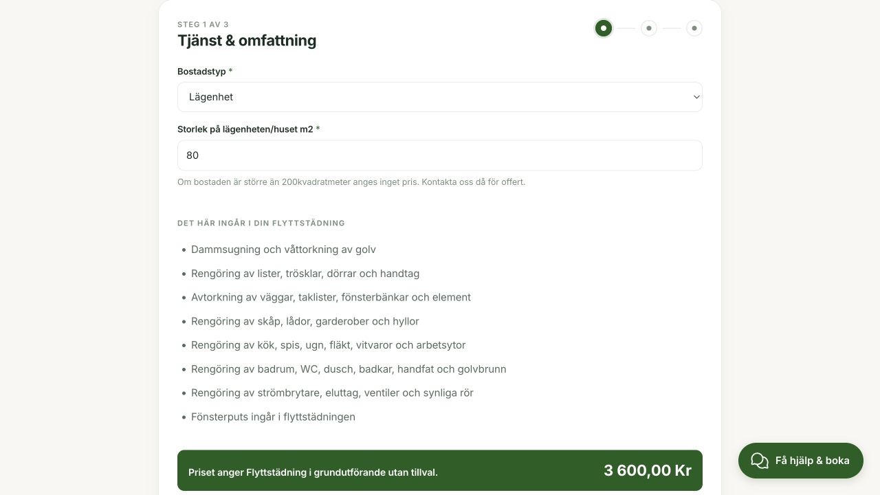 Actual Mälardalen Rent booking form showing property type, area and the included service scope.