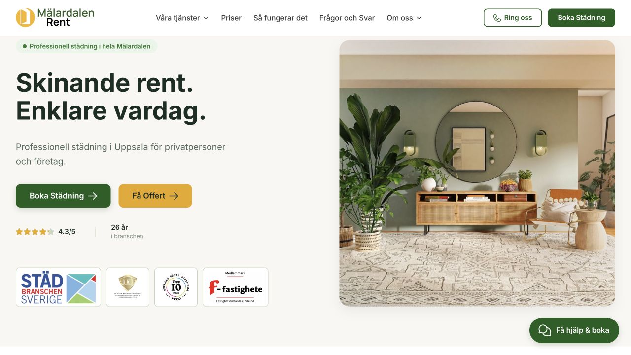 The real Mälardalen Rent website: service introduction, booking and quote entry points.